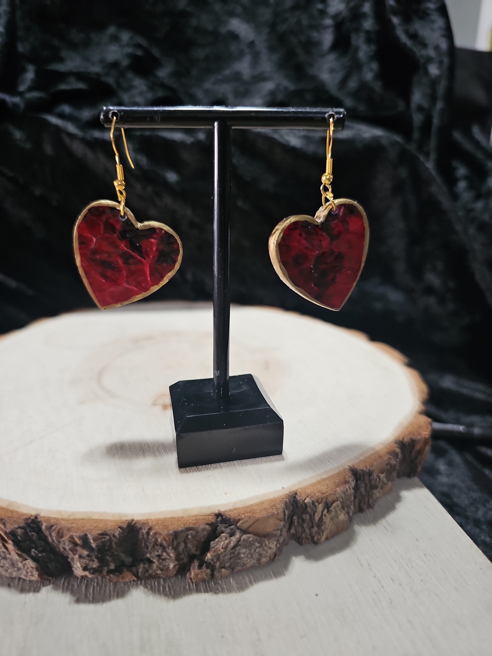 Red Heart Dangle Earrings - Gold Trim light weight.